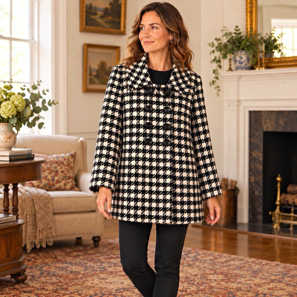 Preston & York Houndstooth Swing Peacoat Women's S Cape Style Preppy Wool Blend